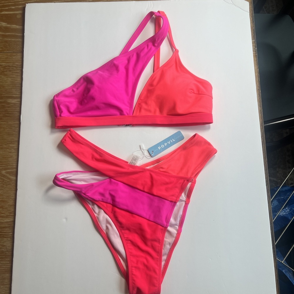NWT POPVIL 2-piece Bikini Swimsuit‎ Medium Pink Neon Orange Asymmetric High Leg